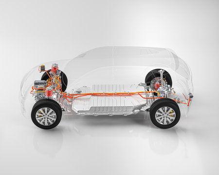 Modern electric car chassis x-ray vehicle battery in studio environment line art 3d illustration