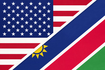 USA vs Namibia national flag from textile. Relationship between two american and african countries.