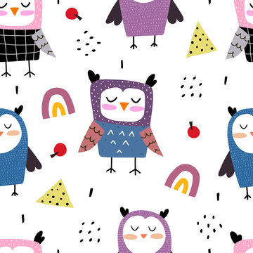 Seamless pattern with cartoon owls, decor elements. Flat style colorful vector illustration for kids. hand drawing. baby design for fabric, textile, print, wrapper.