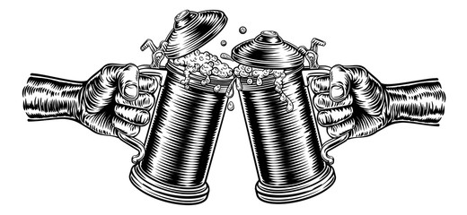Hands holding two beer stein German Oktoberfest pint tankard mugs performing a cheers gesture in a retro vintage intaglio woodcut engraved style