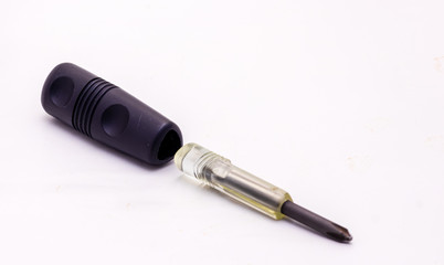 Phillips screwdriver with black plastic handle isolated on white background