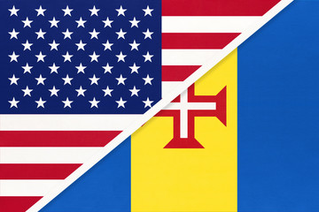 USA vs Madeira national flag from textile. Relationship between two american and african countries.