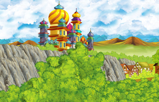 cartoon scene with kingdom castle and mountains valley and bear standing illustration for children