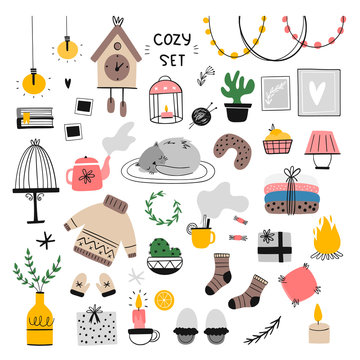Vector set of elements for a cozy home. Drawn, Doodle style. Cozy clothes, drinks, interior elements