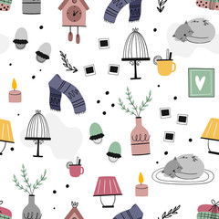Cozy vector seamless pattern for your design. Interior elements, cat, potted plants, drinks, Slippers, scarf, candles, lamp. Hand drawn style