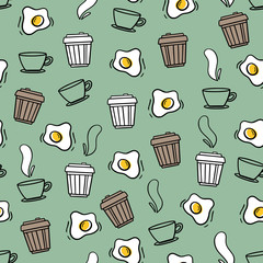Vector seamless pattern in Doodle style for your design. Valentine's day. Romantic Breakfast: coffee and scrambled eggs. - 315289501