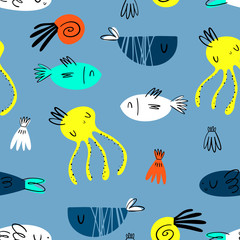Fototapeta na wymiar Vector seamless pattern for children's design. Scandinavian, Doodle style. Cute octopuses, shells and fish.