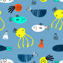 Obraz premium Vector seamless pattern for children's design. Scandinavian, Doodle style. Cute octopuses, shells and fish.