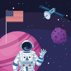 astronaut american flag planet spacecraft satellite space exploration