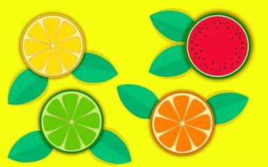 colorful lamons and watermelon on the yellow background