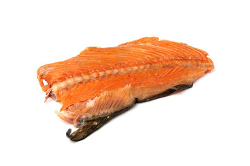 Hot smoked salmon trim and leftovers with bones and fins isolated on white background.