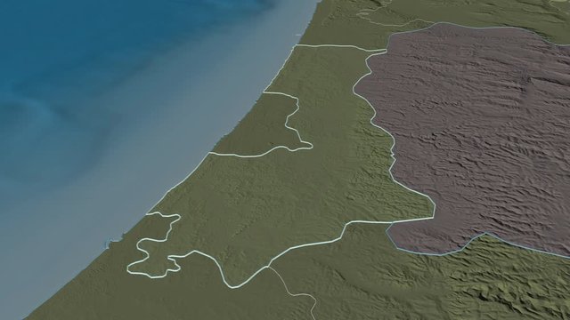 HaMerkaz, district with its capital, zoomed and extruded on the administrative map of Israel in the conformal Stereographic projection. Animation 3D