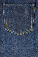Pocket on dark blue denim fabric. Jeans texture. Fashion concept. Mockup. Copy space