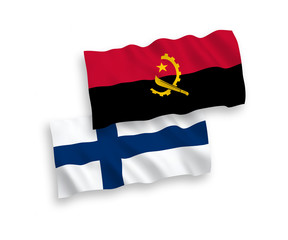 National vector fabric wave flags of Finland and Angola isolated on white background. 1 to 2 proportion.