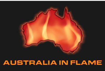 Conceptual illustration on the theme of fires in Australia. Continent of Australia is on fire. Country Shape Flames. Vector Illustration