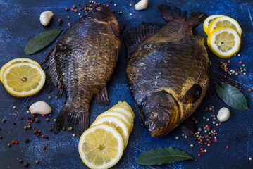Two freshwater crucians living in rivers and lakes, prepared for frying.