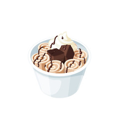 Basket of stir fried chocolate ice cream rolls under chocolate topping and whipped cream decorated with brownie. Vector illustration cartoon flat icon isolated on white.