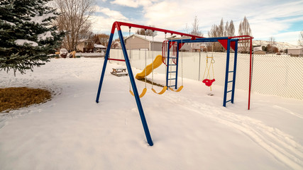Panorama frame Kids playground in winter snow day light