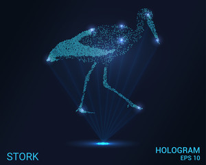Hologram stork. Holographic projection of a stork. Flickering energy flux of particles. Scientific design animals.