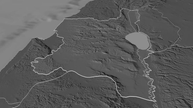 HaZafon, district with its capital, zoomed and extruded on the bilevel map of Israel in the conformal Stereographic projection. Animation 3D