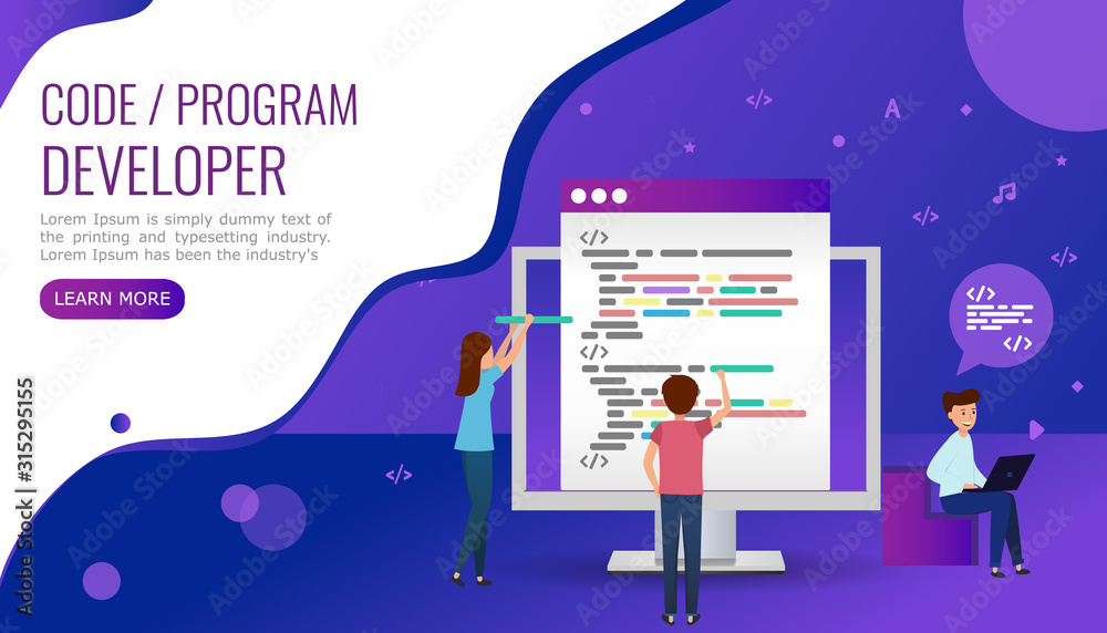 Wall mural concept for web page, banner, social media. the team writes code programming for the site. website d