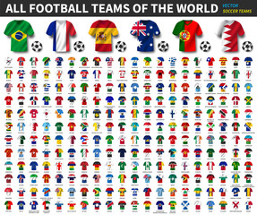 All national flags of the world . National waving jersey soccer teams with country flag pattern . Vector .