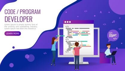 Concept for web page, banner, social media. The team writes code programming for the site. Website design development. Vector illustration in ultraviolet color.