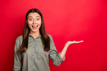 Close-up portrait of her she nice attractive pretty ecstatic cheerful straight-haired girl holding...