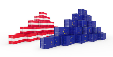 3D Illustration of Cargo Container with Austria Flag on white background. Delivery, transportation, shipping freight transportation. 3d illustration.