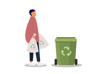Sorting waste gender neutrality people, unisex, gender neutral clothing, hairstyle. A young girl, a young guy, takes out the trash, pants and sneakers isolated on a white background. Universal