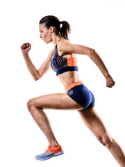 one young caucasian woman runner running jogger jogging athletics competition isolated on white background