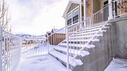 Panorama frame Cement steps covered in thick fresh winter snow