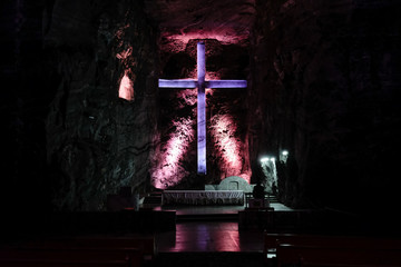 Colombia. An unusual church near Bogotá in a salt grotto. The symbol of the cross in various...