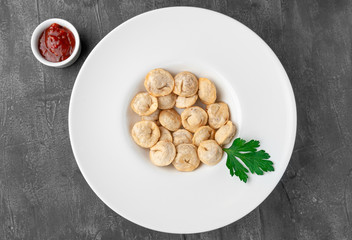 Deep-fried dumplings. In a large white plate. Next to a plate is a gravy boat. Decorated with parsley. View from above. Gray concrete background.