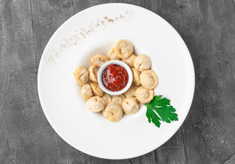 Deep-fried dumplings with tomato sauce. In a large white plate. Decorated with parsley. View from above. Gray concrete background.
