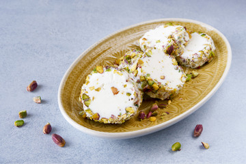 Traditional arabic ice cream with pistachio  booza.   Close up   