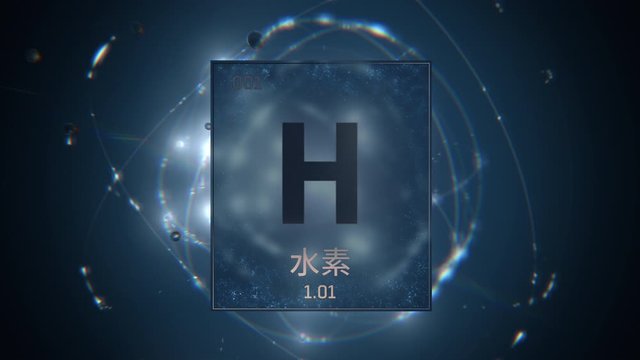 Hydrogen as Element 1 of the Periodic Table. Seamlessly looping 3D animation on blue illuminated atom design background orbiting electrons name, atomic weight element number in Japanese language