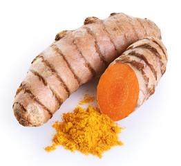 Turmeric root and powder isolated on white background.