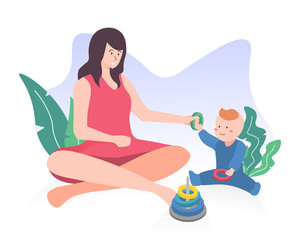 Mom and her toddler son playing with toys. Motherhood and maternity concept