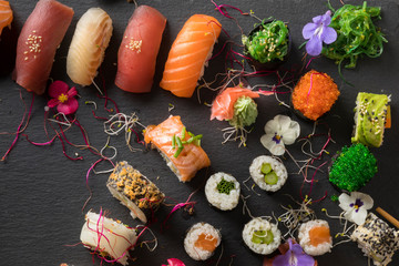 Japanese sushi on stone dark background, top view, mixed products © Milan Noga reco