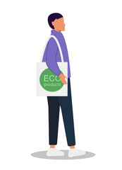 Young girl, young guy, with a bag of eco products. Eco-friendly food. Gender neutrality, unisex, gender neutral clothing, hairstyle. Young girl, young guy, pants and sneakers isolated on white