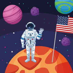 astronaut with american flag in planet space exploration