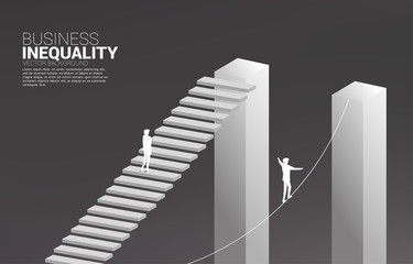 Businessman move up on stair and on rope. Concept of inequality in business and obstacle in career path