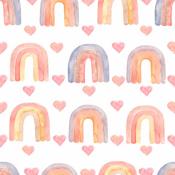 Watercolor nursery boho raindow pattern in neutral decicate blue,yellow,pink,orange and green colors.Kids digital paper,baby girl rainbow background with pink hearts. Magic unicorn rainbows wallpaper.