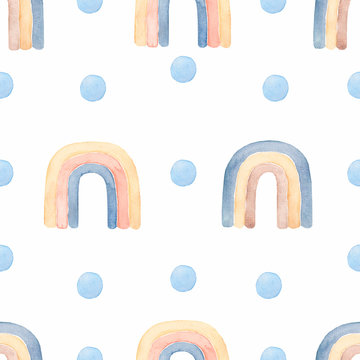 Watercolor nursery boho raindow pattern in neutral decicate blue,yellow,pink,orange and green colors. Kids digital paper, baby boy l rainbow background with polka dot.Magic unicorn rainbows wallpaper.