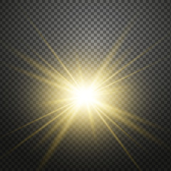 Yellow glowing light explodes on a transparent background. Sparkling magical dust particles. Bright Star. Transparent shining sun, bright flash. Vector sparkles.