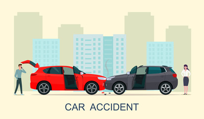 Car accident with drivers man and woman. Vector illustration.