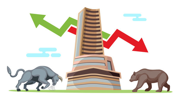 bombay stock exchange with bull and bear market concept vector