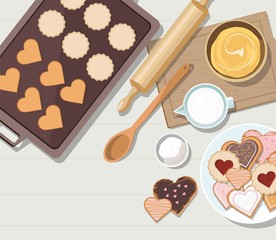 Valentine's day. Baking utensils and cooking ingredients for cookies and pastry. Top view. 