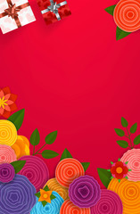 Red background with flowers and gift boxes